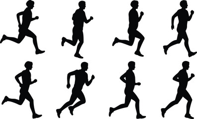 Group of runners silhouette in motion, jogging and sprinting poses vector illustration for fitness, exercise, sports activity, health content, design