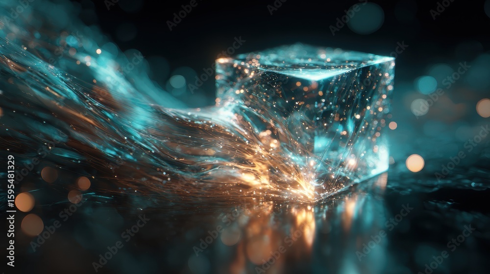 Poster futuristic ai agent hologram cube with flowing data streams and bokeh lights
