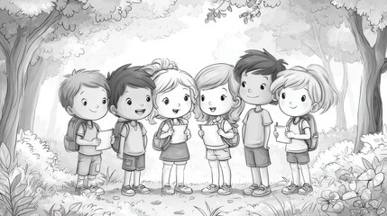 Fototapeta premium Happy group of children coloring at the park , no logos, no brands