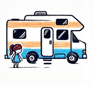 Young girl standing near an orange and blue camper van  