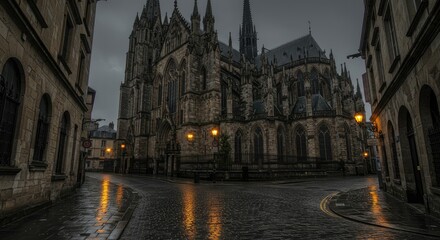 Fototapeta premium A rainy evening scene featuring a Gothic cathedral in a European city