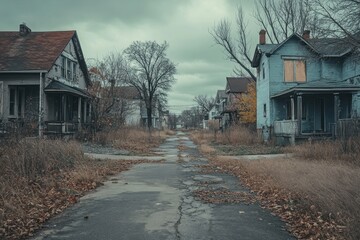 Abandoned neighborhood with overgrown pathways and dilapidated houses under a cloudy sky, A run-down neighborhood completely uninhabited and empty due to a global pandemic
