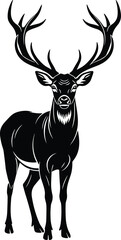 Majestic deer silhouette illustration, elegant stag vector, wildlife antlers design, nature animal graphic, black and white artwork, Adobe Stock