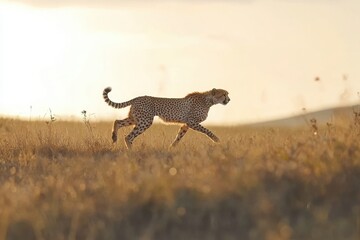 Obraz premium Mother cheetah runs gracefully in slow motion across the golden savanna grasslands during sunset, A mother cheetah runs in slow motion in the savannah