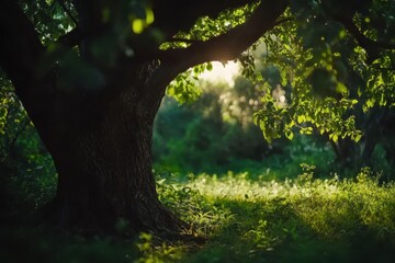 Obraz premium Fresh green foliage illuminated by sunlight within a large tree in a serene forest setting, Moving fresh green foliage inside a tree in large tree calming nature footage