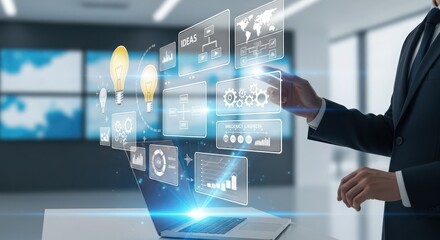 Businessman Interacting with Futuristic Holographic Interface: Product Launch Strategy, Innovation, and Data Analysis.