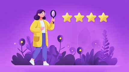 Obraz premium Marketer measuring customer satisfaction and rating stars. Satisfaction and loyalty analysis, customer retention increasing, marketing tools concept. Bright vibrant violet vector isolated illustratio