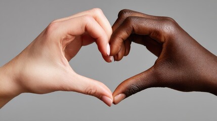 charity, love and diversity concept - close up of female and male hands of different skin color making heart shape, no logos, no brands