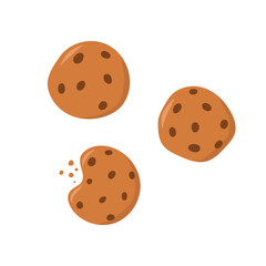 Set of different types of cookies. Chocolate chip biscuit, whole grain cookies. Vector cartoon flat illustration.