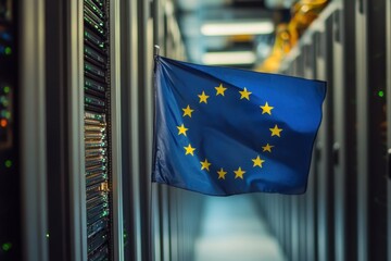 European Union flag and globe in a modern server room on a digital infrastructure tour, flag of eu and globe over server room