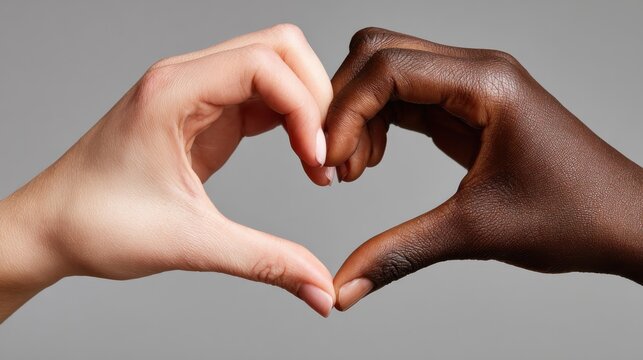 charity, love and diversity concept - close up of female and male hands of different skin color making heart shape, no logos, no brands - Powered by Adobe