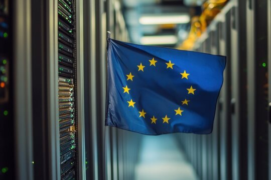 European Union flag and globe in a modern server room on a digital infrastructure tour, flag of eu and globe over server room