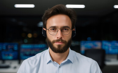 Young Trader Focused On Financial Market Analysis With Headset At Night In Office Environment