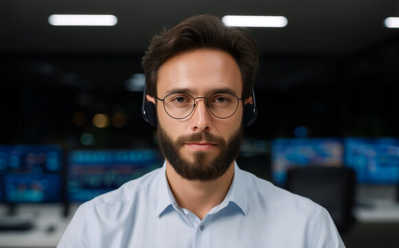 Young Trader Focused On Financial Market Analysis With Headset At Night In Office Environment