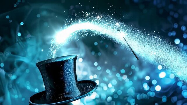 Magical top hat with wand casting sparkling spell, fantasy concept
