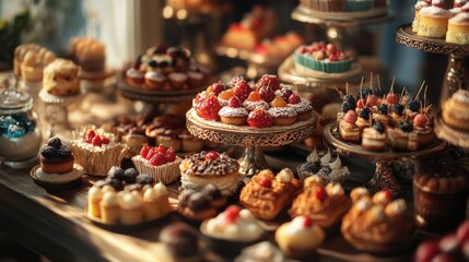 Beautifully arranged desserts displayed on tiered stands.