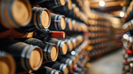 Rows of dust-covered, maturing wine bottles stacked on wooden racks in a dimly lit, traditional cellar.