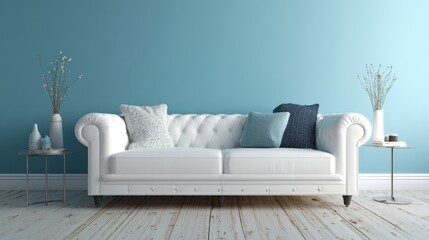 Bright living room showcasing a white sofa against a blue wall