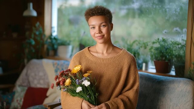 Volunteer offering a flower at community center 