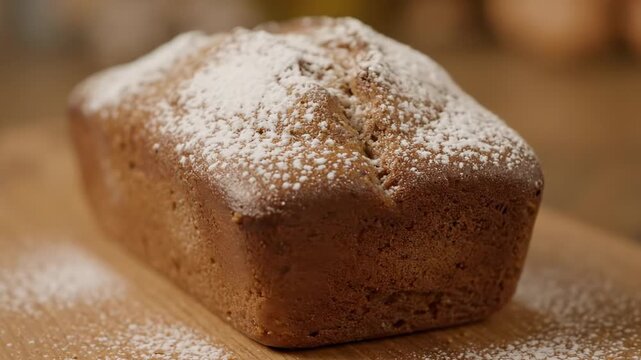 Rectangular cake covered with powdered sugar sits on a wooden board