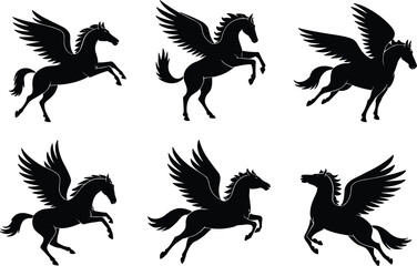 Pegasus flying and rearing silhouette collection, legendary winged horse vector design for fantasy, mythology, tattoo, gaming, magic, stock illustration