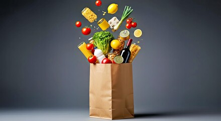 Assorted groceries falling in a paper bag