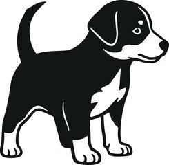 Playful black puppy silhouette, white chest marking, standing dog vector illustration, adorable pet graphic design, animal artwork, Adobe Stock image
