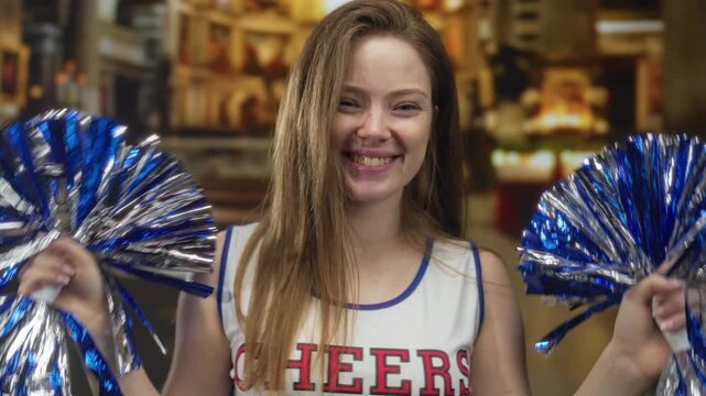 Woman holds blue pompom in church building wearing cheerleader uniform and flashes a broad grin; celebration.