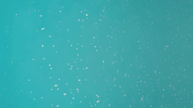 Delicate snowflakes fall against a cool blue background in winter