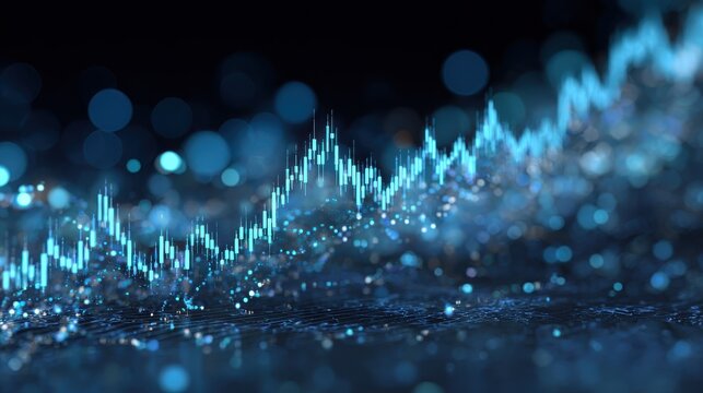 Creative forex chart on blue bokeh wallpaper. Finance and invest concept. Double exposure. 3D Rendering, no logos, no brands