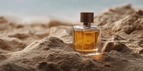 Elegant perfume bottle on sandy beach with natural lighting