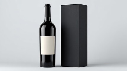 bottle of wine, A black wine bottle with a label and a closed black box packaging mockup isolated on a white background