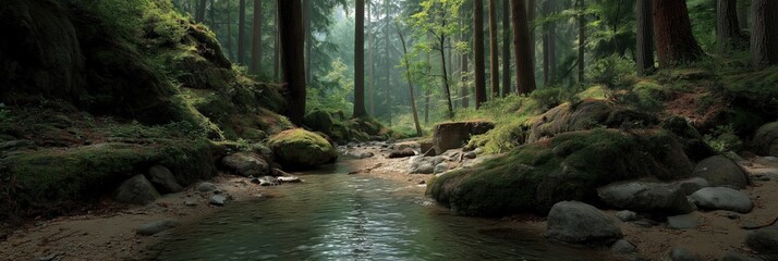 Tranquil forest stream surrounded by lush greenery and tall trees