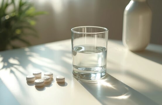 Clear glass half-filled with water sits on sunlit table beside white tablets. Sunlight casts shadows, creating calming, minimalist atmosphere. White bottle stands in background, suggesting hydration,