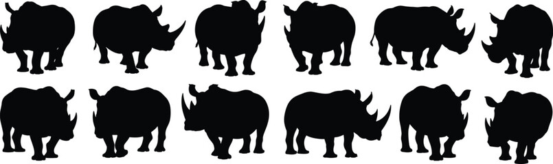 Rhinoceros silhouettes vector collection, wild animal graphic set, African wildlife artwork, black outline design, nature icon pack, endangered species illustration