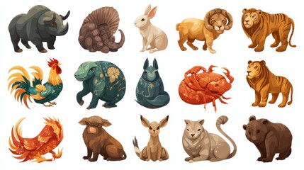 Chinese horoscope zodiac animals. Vector symbols of year. Chinese zodiac, animals horoscope illustration, no logos, no brands