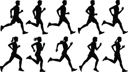 Running silhouette vector collection, athletic pose illustration set, fitness and health artwork, marathon training icon pack, active lifestyle design