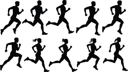 Running silhouettes male female, jogger vector artwork, athletic motion design, fitness training illustration, black graphic exercise image, sports scene