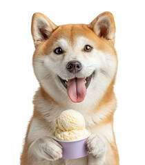A cheerful Shiba Inu is holding a cup of ice cream, isolated on a transparent background.
