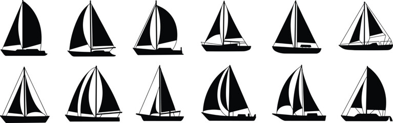 Sailboat silhouettes collection in various designs, nautical vector illustration for maritime themes, sailing icons, ocean adventure, sea transport artwork