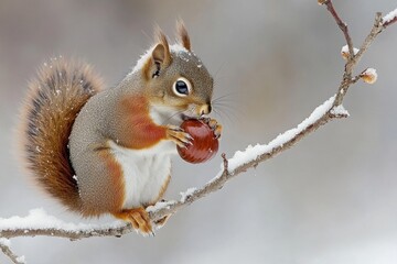 Obraz premium Red squirrel munching on a chestnut while perched on a snow-covered branch, Red Squirrel Eating a Chestnut on a Branch