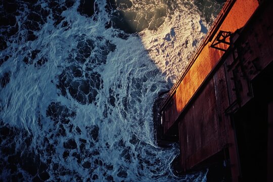 Sunset casts warm hues over Golden Gate Bridge with waves crashing below, Aerial view of Golden Gate bridge at sunset - Powered by Adobe