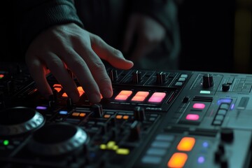 Naklejka premium Closeup of a male DJ adjusting controls at an underground club during an evening set, Close-up of the hands of a male DJ who controls the sound on a professional controller