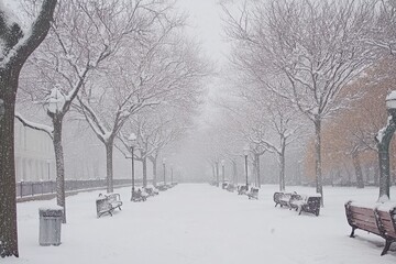 Slow motion footage showcases snow swirling around trees in a quiet park during winter, Beautiful slow motion footage of snow swirling around trees Shot in