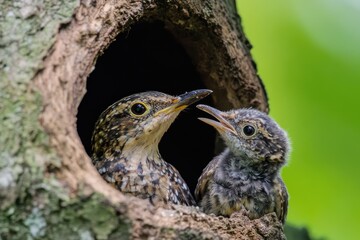 Obraz premium Wryneck bird feeding chick in hollow tree during spring nesting season, bird, wryneck feeding a chick looking out of a hollow
