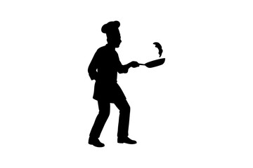 Chef Silhouette Flipping Food in Pan Kitchen Scene Vector Illustration on White Background Culinary Arts Cooking Profession Restaurant and Food Preparation
