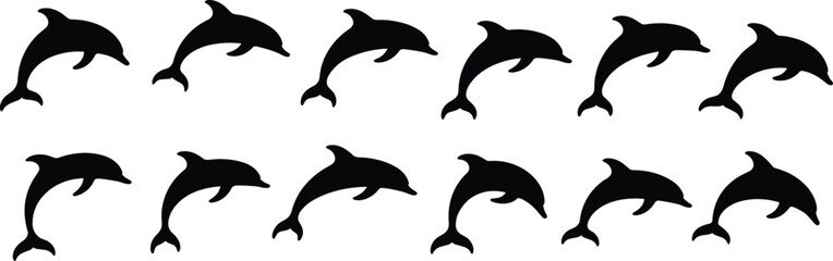 Silhouette dolphins in various playful poses, marine animal vector illustration for nature, aquatic wildlife, ocean creature, jumping motion design content