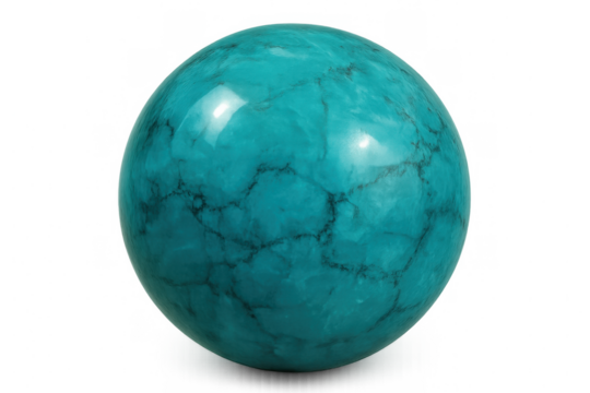 Polished turquoise sphere on a transparent background, showcasing the intricate veins and patterns within the gemstone