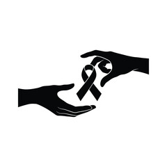 Two hands are exchanging an awareness ribbon, isolated on white background