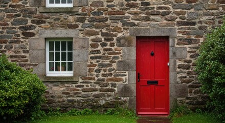 A red door on a stone house. Lush greenery surrounds the house